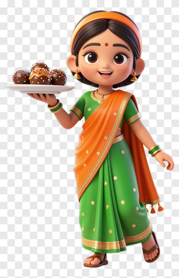 Girl In Sari Holding Dessert Plate PNG