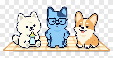 Three Cartoon Dogs And A Cat On Blanket PNG