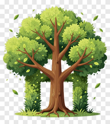 Cartoon Tree With Foliage And Bushes PNG