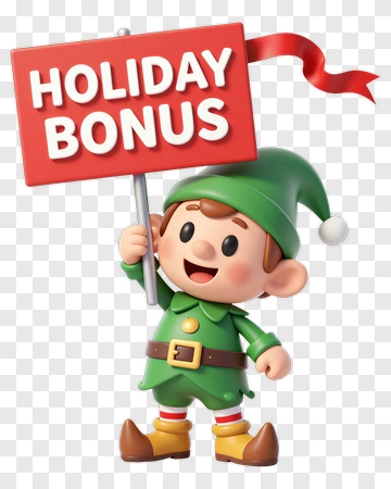 Cartoon Elf Holding Holiday Bonus Sign PNG