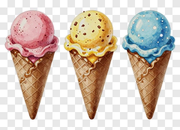 Three Colorful Ice Cream Cones PNG