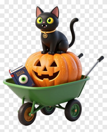 Black Cat With Jack-o-lantern In Wheelbarrow PNG