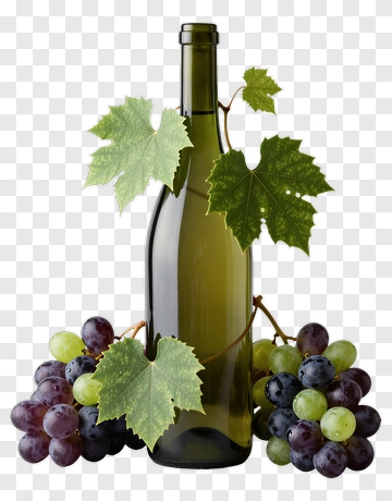 Wine Bottle With Grapes And Leaves PNG