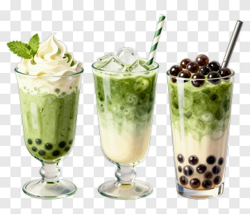 Three Matcha Bubble Teas PNG