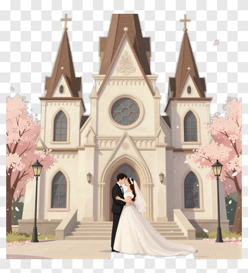Couple In Wedding Dress Kissing In Front Of Church PNG