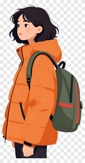 Girl In Orange Puffer Jacket With Backpack PNG