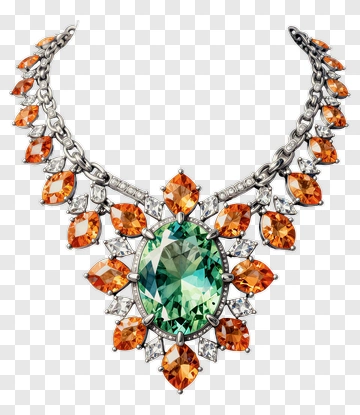 Elegant Necklace With Green And Orange Gems PNG