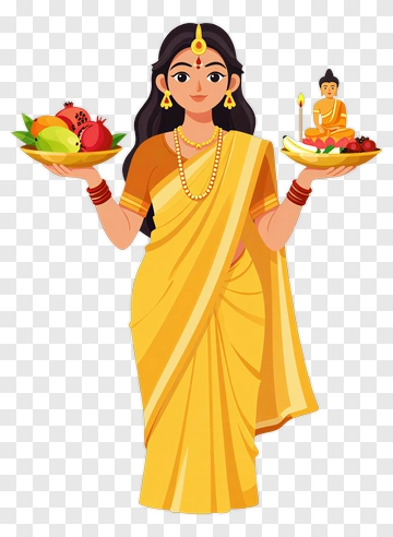 Woman In Yellow Sari Offering Fruits PNG