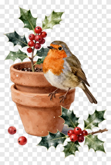 Robin With Holly And Berries PNG