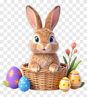 Cute Easter Bunny With Basket And Eggs PNG