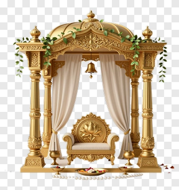 Golden Mandap With Ornate Chair PNG