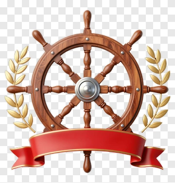 Ship Wheel With Laurel Wreath And Red Ribbon PNG