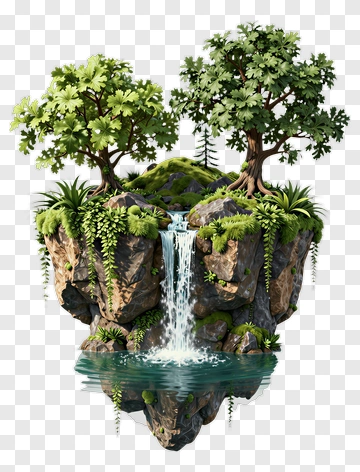 Island With Waterfall And Trees PNG
