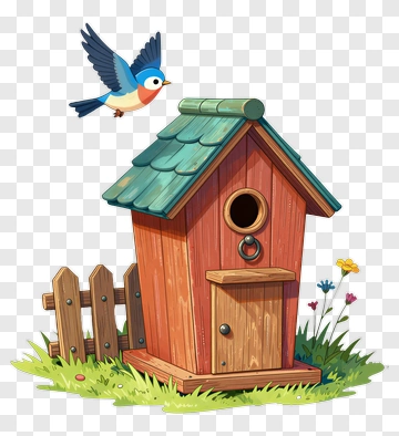 Blue Bird Flying Near Birdhouse PNG