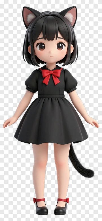 Cat Girl In Black Dress With Red Bow PNG