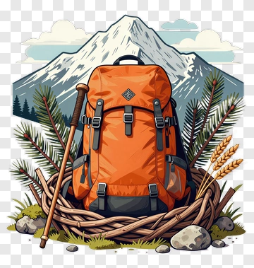 Orange Hiking Backpack In Woven Basket PNG