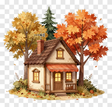 Cozy Autumn Cottage Surrounded By Trees PNG