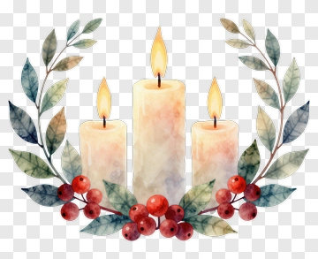 Watercolor Candles And Berry Wreath PNG