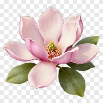 Pink Magnolia Flower With Green Leaves PNG