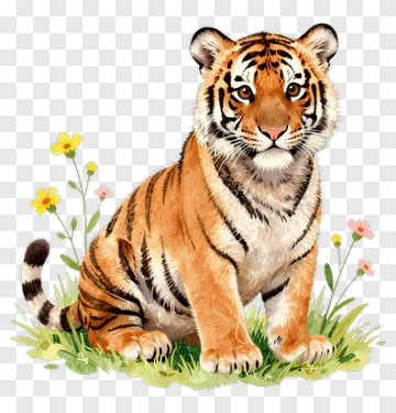 Watercolor Tiger Cub With Flowers PNG