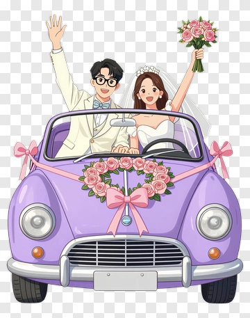 Happy Newlyweds In Wedding Car PNG