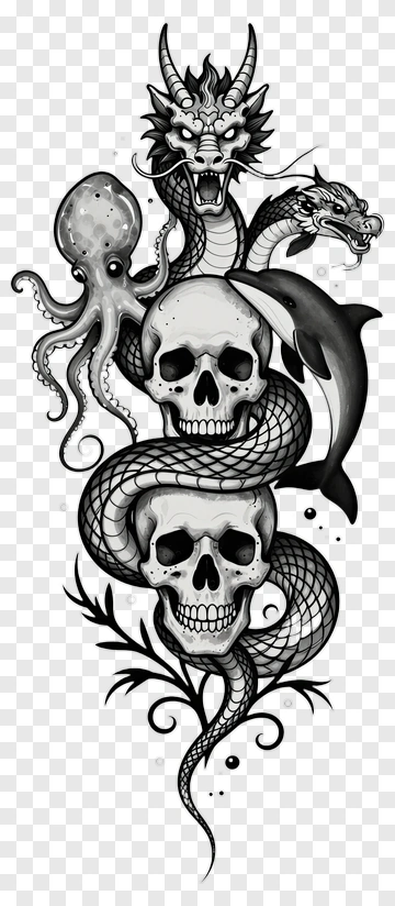Mythical Creatures And Skulls Tattoo Design PNG