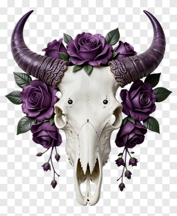 Bull Skull With Purple Roses Decor PNG