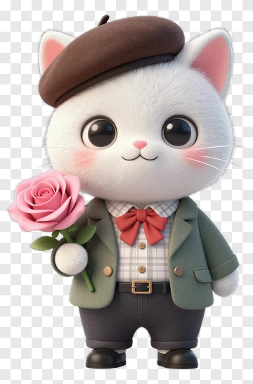 Cute Cat Holding Pink Rose PNG