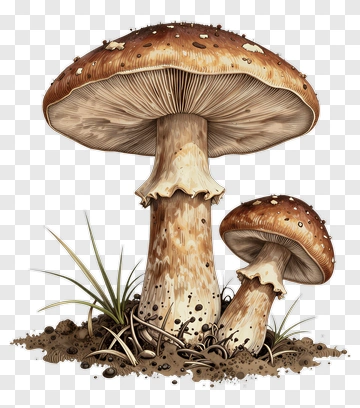 Two Mushrooms Growing In Soil PNG