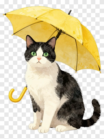 Black And White Cat With Yellow Umbrella PNG