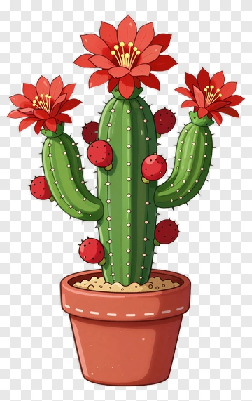 Cactus With Red Flowers In Pot PNG