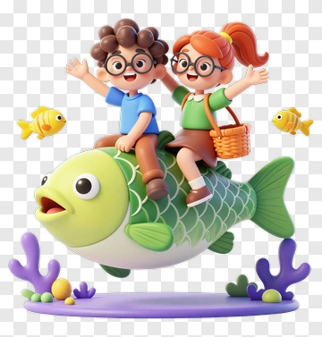 Boy And Girl Riding A Fish PNG