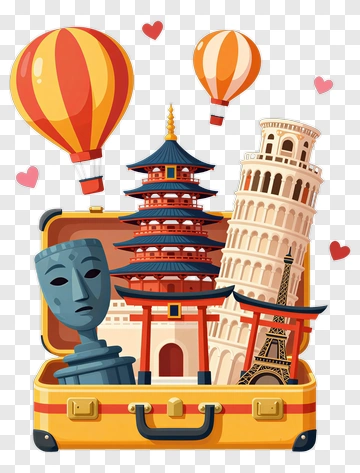 Travel Suitcase With Global Landmarks PNG