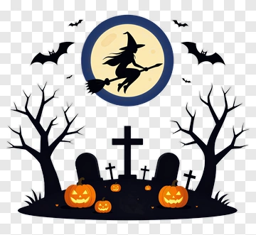 Witch Flying Over Halloween Graveyard PNG