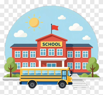 School Bus In Front Of School PNG