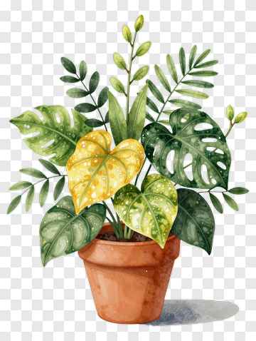 Potted Plant With Monstera And Yellow Leaf PNG