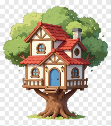 Treehouse With Red Roof And Blue Door PNG