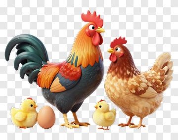 Rooster Hen And Two Chicks PNG