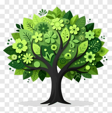 Stylized Tree With Green Leaves And Flowers PNG