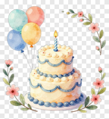 Birthday Cake With Balloons And Flowers PNG