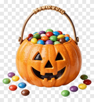 Pumpkin Basket Filled With Colorful Candies PNG