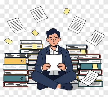 Man Studying Surrounded By Books And Papers PNG
