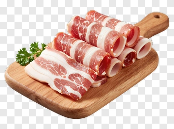 Bacon With Parsley On Wooden Board PNG