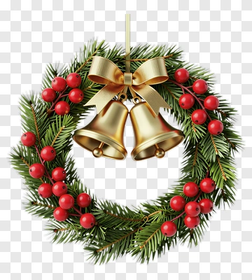 Christmas Wreath With Gold Bells And Ribbon PNG