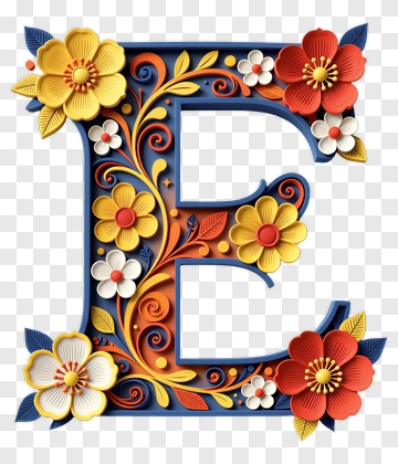 Decorative Letter E With Flowers PNG