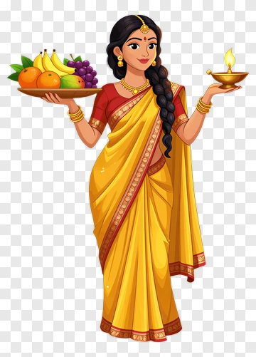 Woman In Sari Holding Diya And Fruit Plate PNG