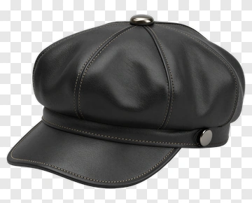 Black Leather Newsboy Cap With Yellow Stitching PNG