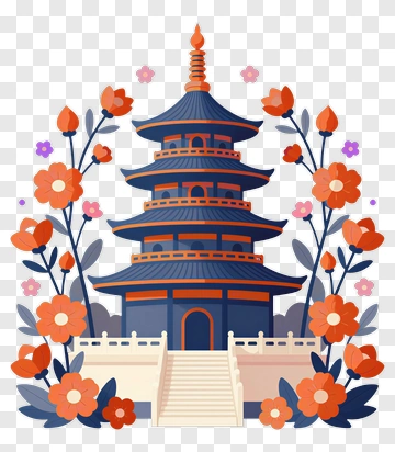 Pagoda Surrounded By Flowers PNG