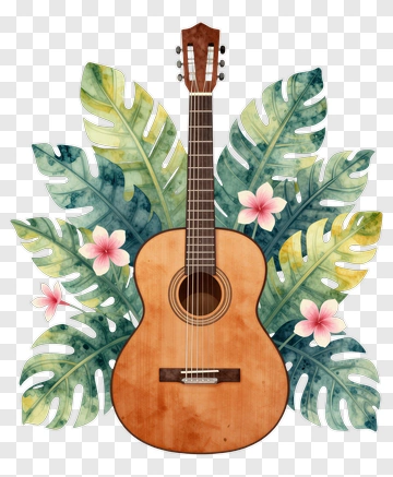 Acoustic Guitar With Tropical Leaves PNG