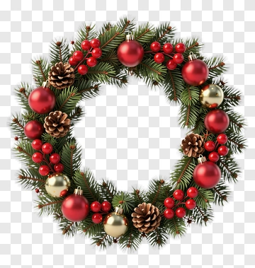Christmas Wreath With Red Berries And Ornaments PNG